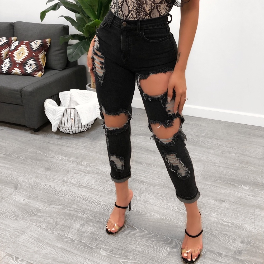 Black denim distressed jeans